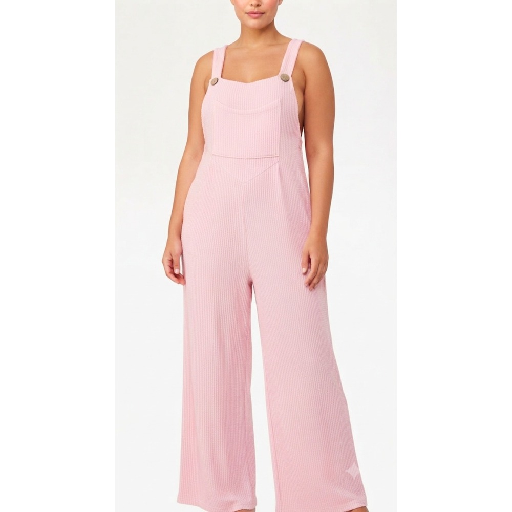 BiBi Pink Seersucker Striped Wide Leg Overall Jumpsuit Romper Womens Medium NWT